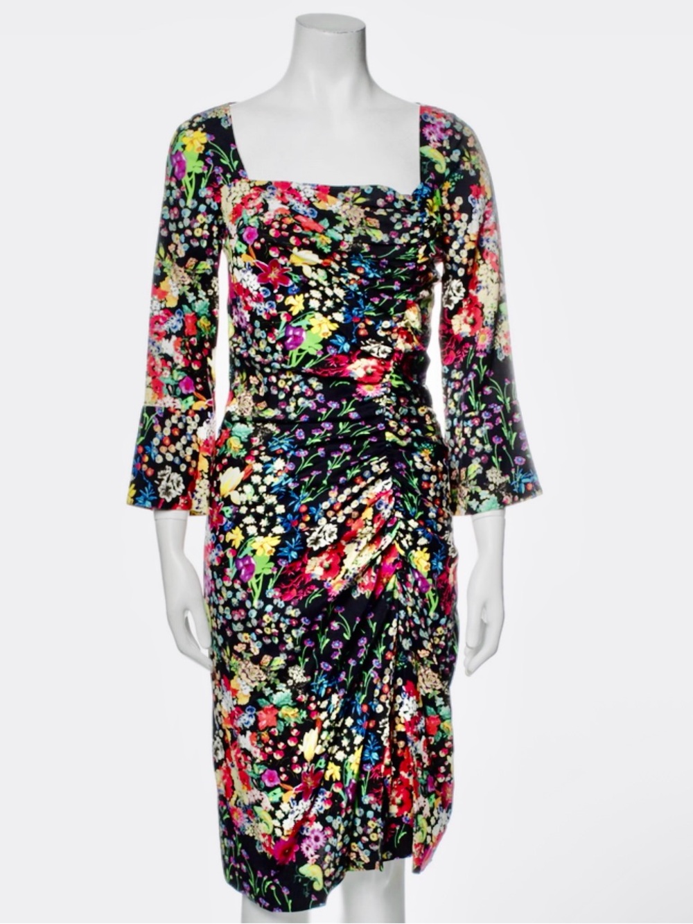ETRO Floral Ruched Square-Neck Midi Dress